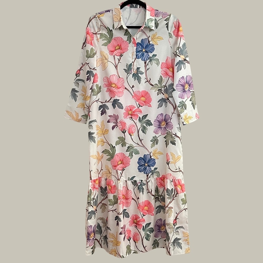 Floral Tiered Midi Shirt Dress Womens Plus 2X White Pink Blue Cottagecore Boho